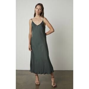 Velvet By Graham And Spencer Poppy Slip Midi Dress Green XS Satin Slinky